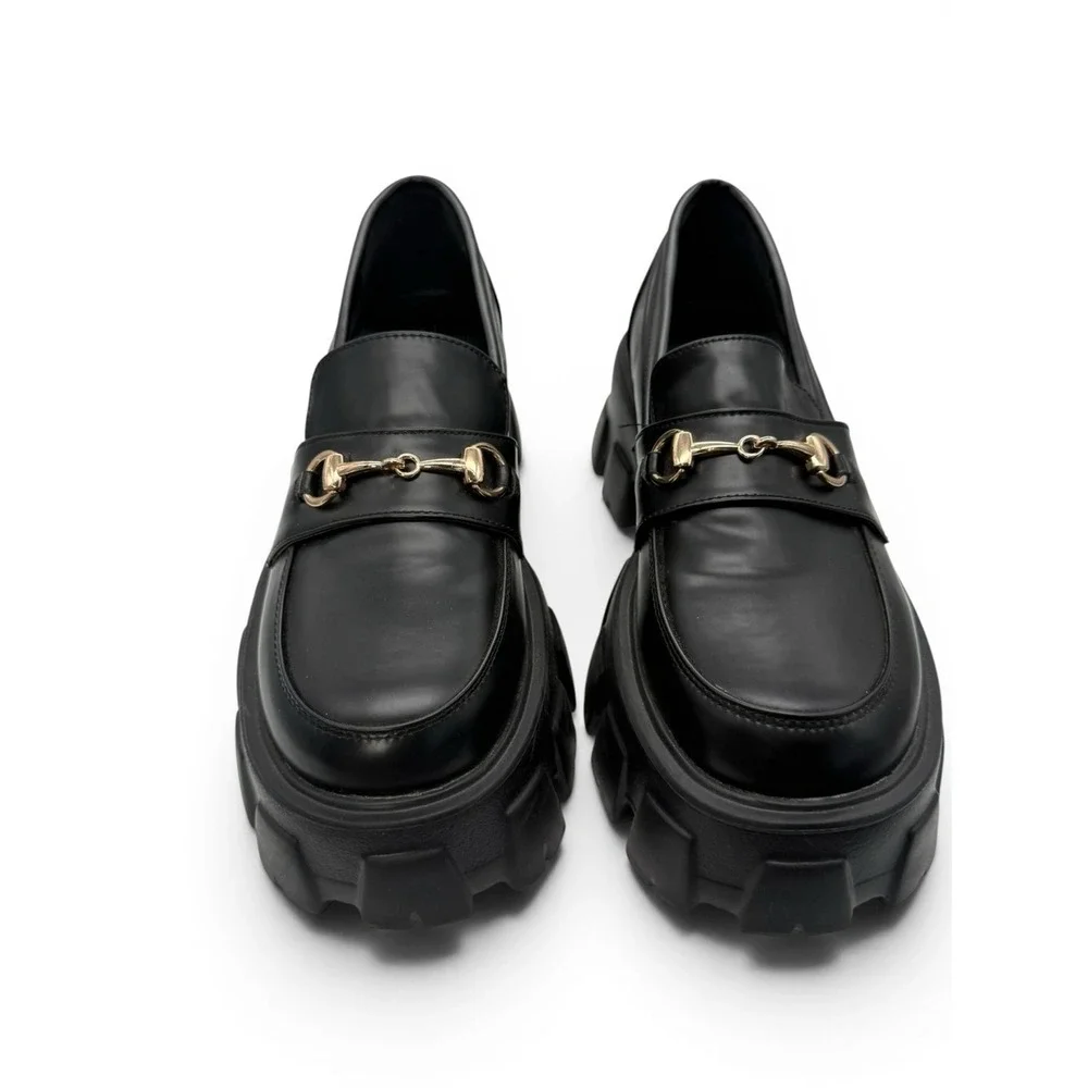 Princess Polly Black Faux Leather Lug Sole Loafers with Gold Hardware